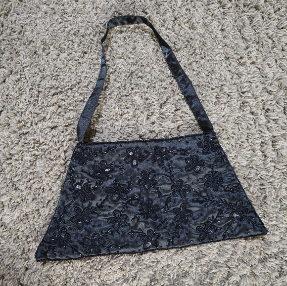Handbags - Elegant Black Floral Women's Bag, Beaded Sequin Hand Bag. Black, Satin.